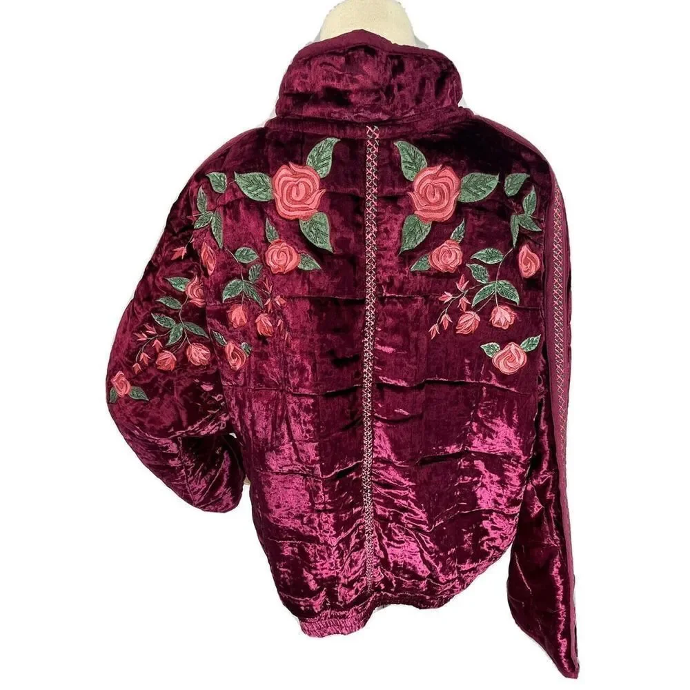 Free People x Anna Sui Rose Garden Velvet Embroidery Dolman Quilted Jacket New M